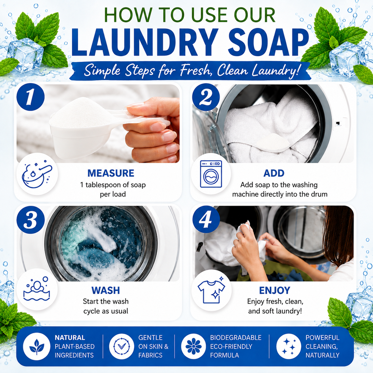 Natural Laundry Soap Detergent For Sensitive Skin "Cool Fresh"- 3 lbs