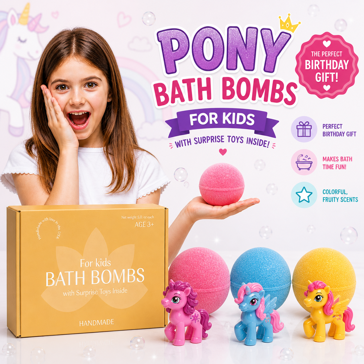3 Big Bath Bombs for Kids with PONY Toys Inside