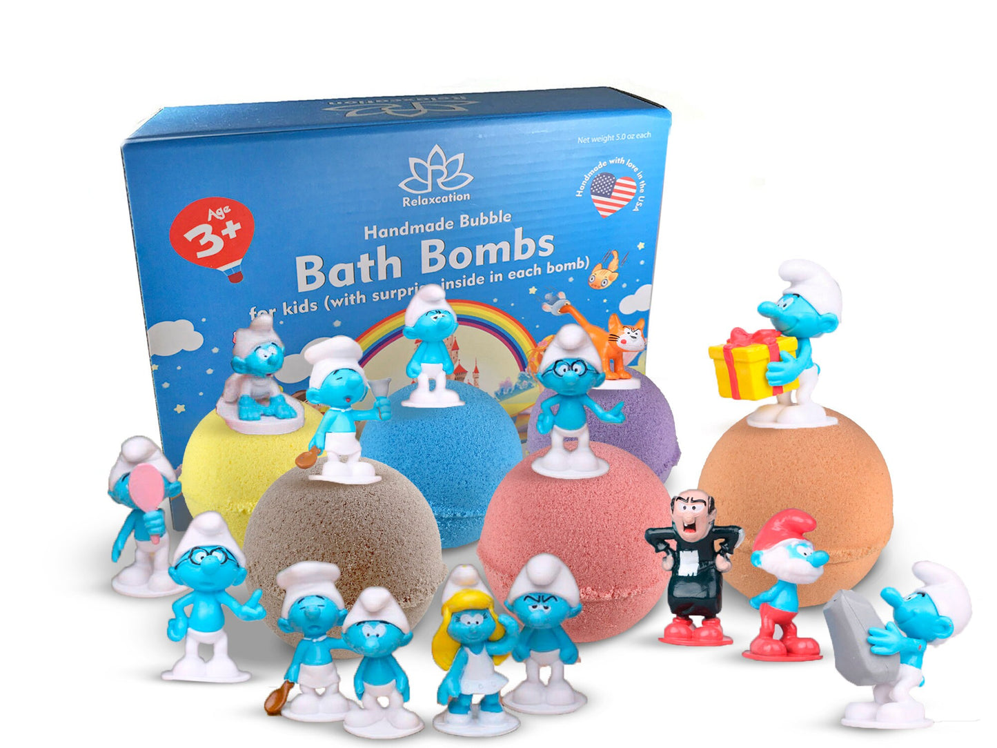 6 Bath Bombs with Smurfs Toys Inside for Kids – Natural & Safe Bombs – Great Gift Set for Boys and Girls - XL Bubble Bath Fizzy 5oz each