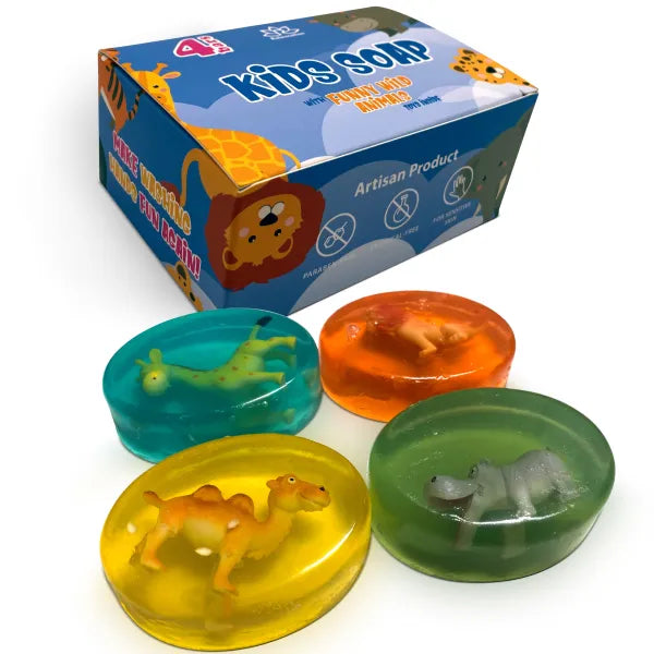 4 Kids Soap Bars with WILD ANIMALS Toys Inside