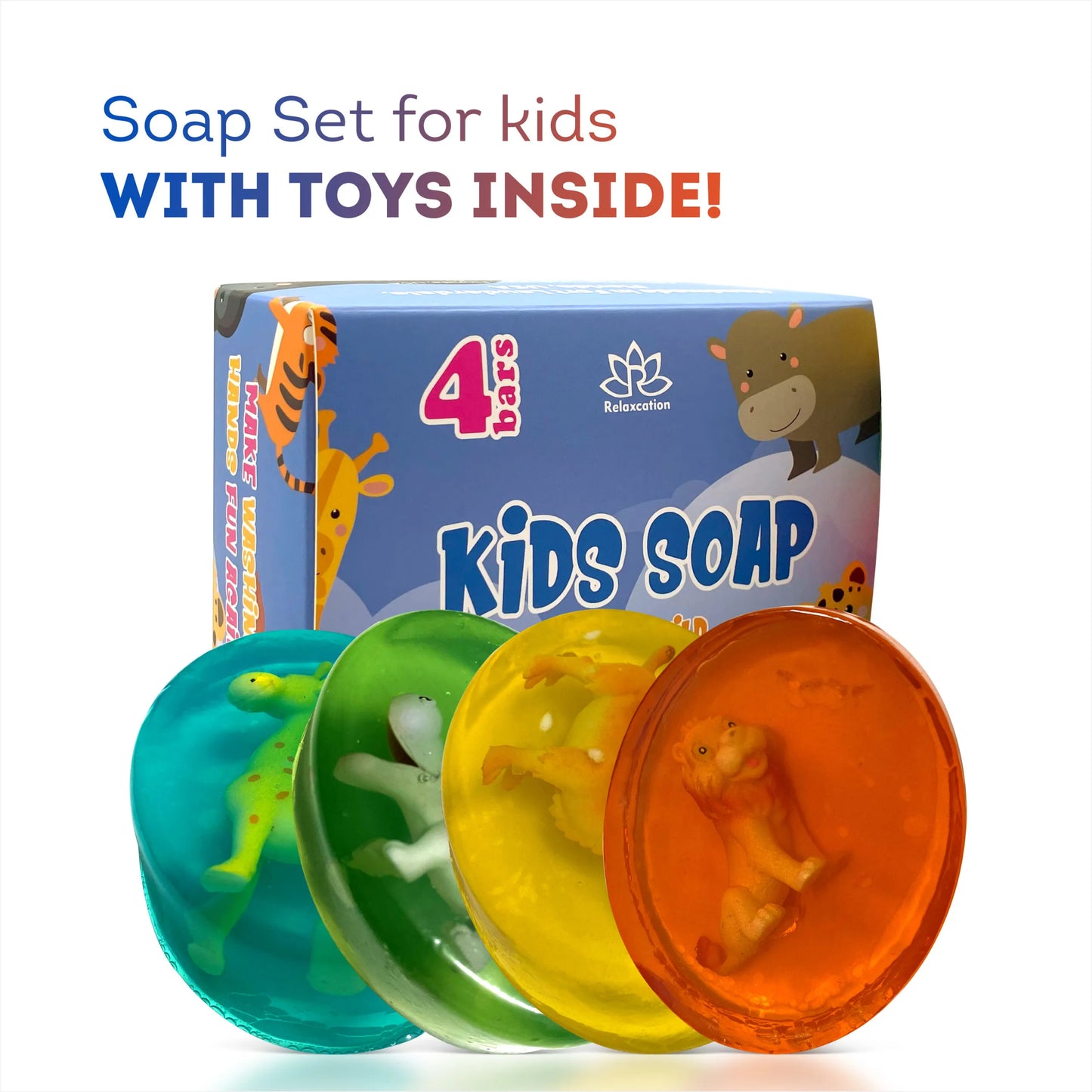 4 Kids Soap Bars with WILD ANIMALS Toys Inside