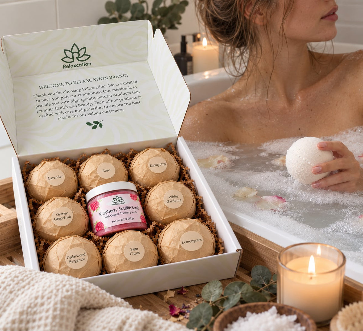 Handmade bath bombs wrapped in kraft paper with scent labels