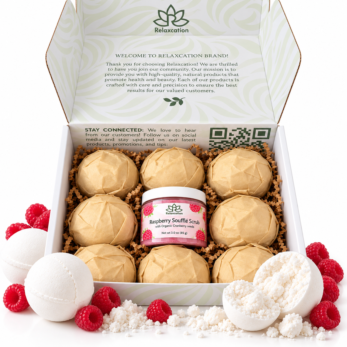 Relaxcation Pure Bath Bombs Gift Set with 8 bath bombs and Raspberry Souffle body scrub in white gift box