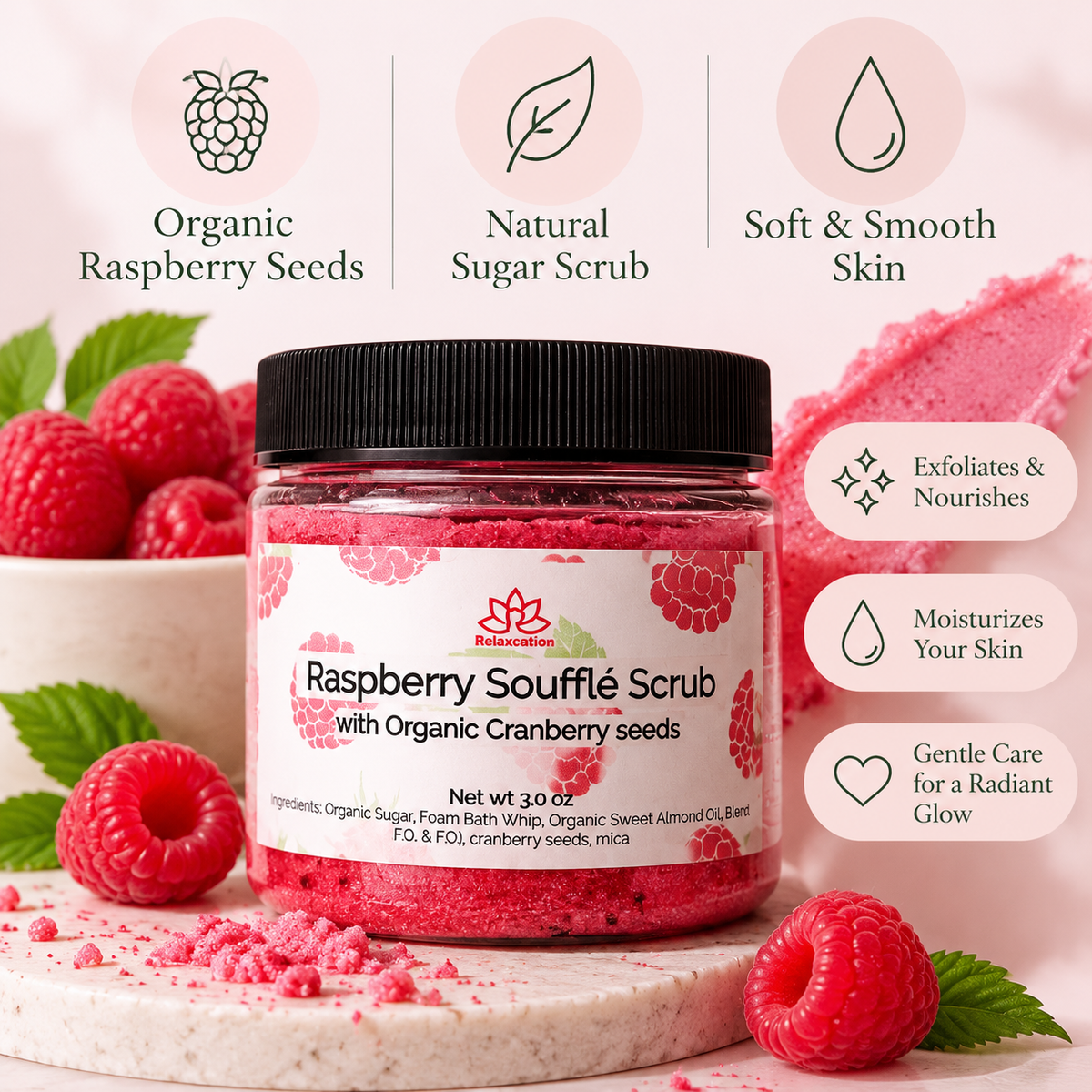 Raspberry Souffle body scrub with organic cranberry seeds, 3 oz