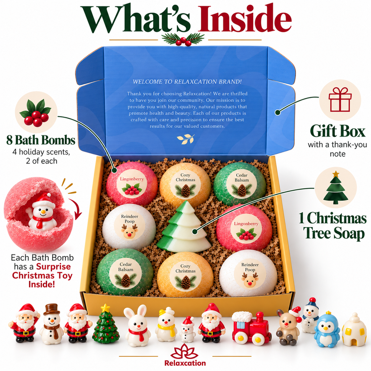 What's inside: 8 bath bombs in 4 holiday scents, Christmas tree soap and gift box with a thank-you note