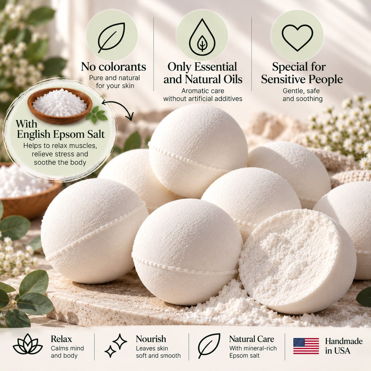 Pure white bath bombs from Relaxcation bath bomb gift set