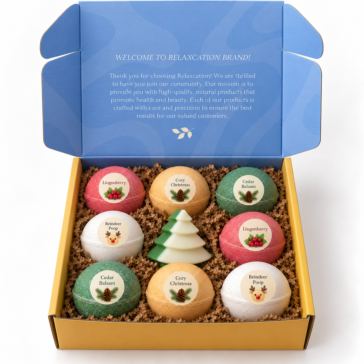 Open Relaxcation gift box with 8 labeled Christmas bath bombs