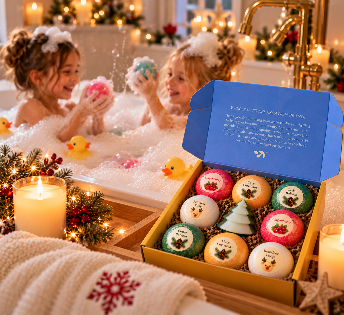 Mom and child opening the Relaxcation Christmas bath bomb gift box by the Christmas tree