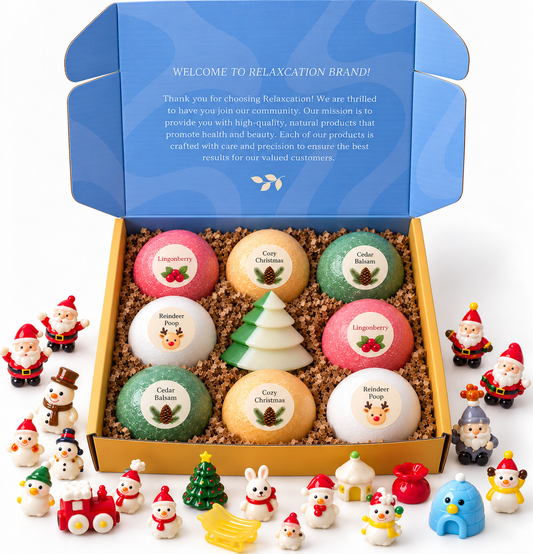 Relaxcation New Year Box – 8 Christmas bath bombs with surprise toys inside: Lingonberry, Cozy Christmas, Cedar Balsam, Reindeer Poop