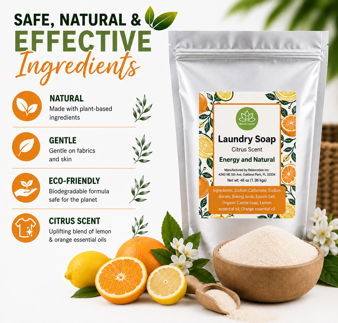 Natural Laundry Soap Detergent For Sensitive Skin "Citrus"- 3 lbs