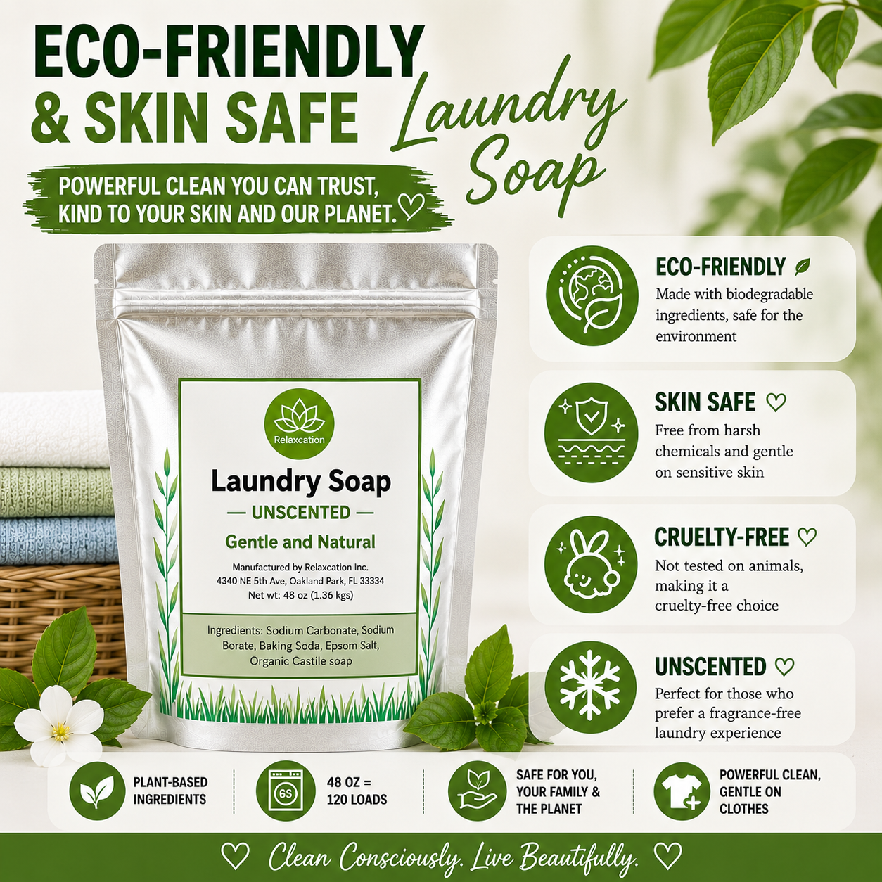 Natural Laundry Soap Detergent For Sensitive Skin "Unscented"- 3 lbs