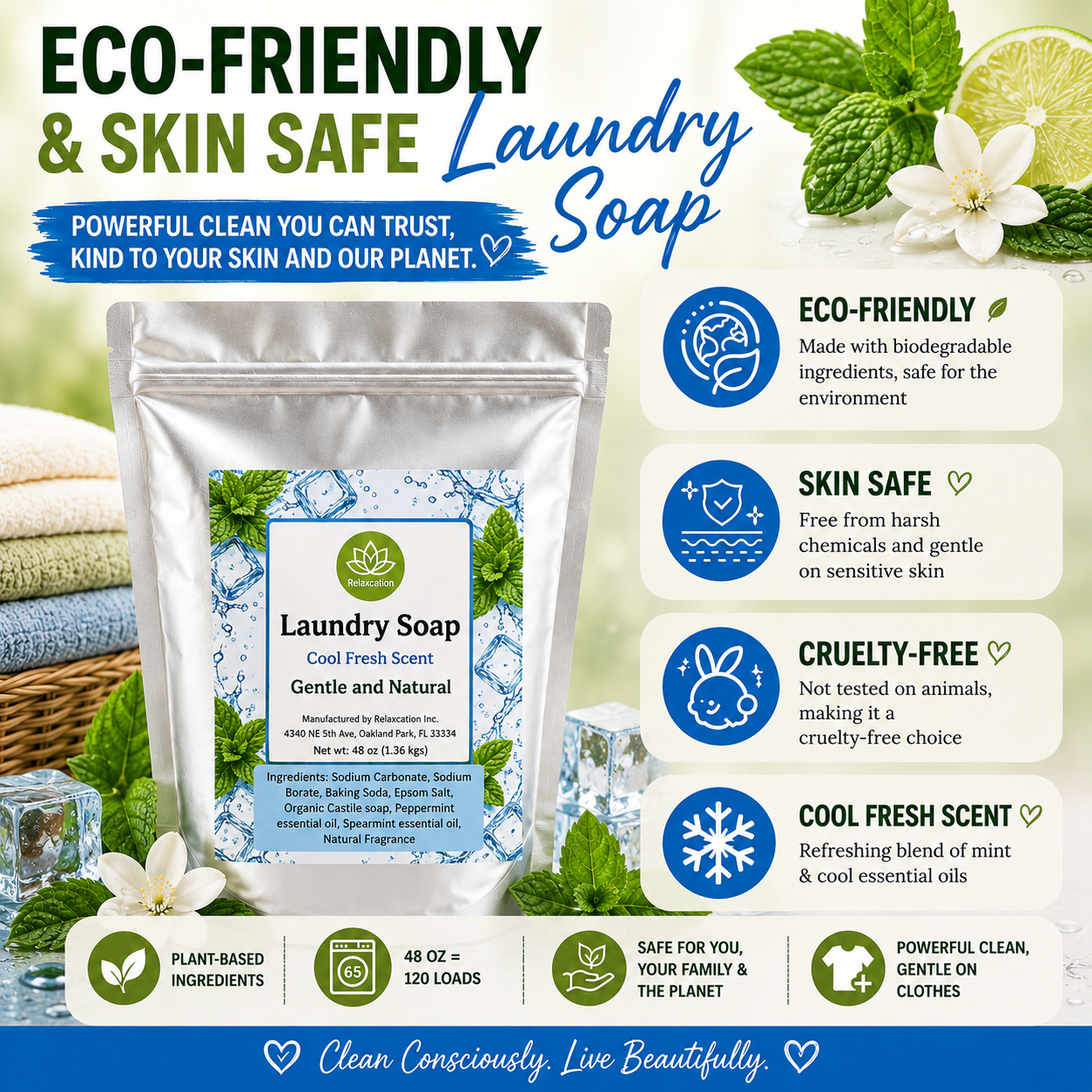 Natural Laundry Soap Detergent For Sensitive Skin "Cool Fresh"- 3 lbs