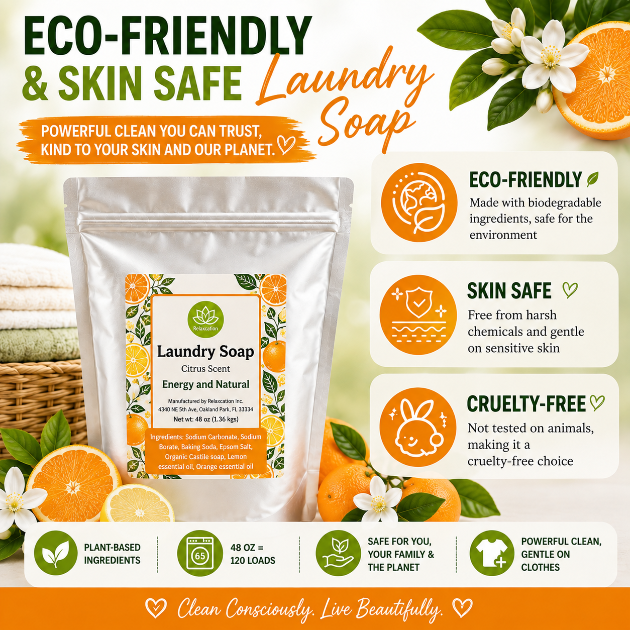 Natural Laundry Soap Detergent For Sensitive Skin "Citrus"- 3 lbs