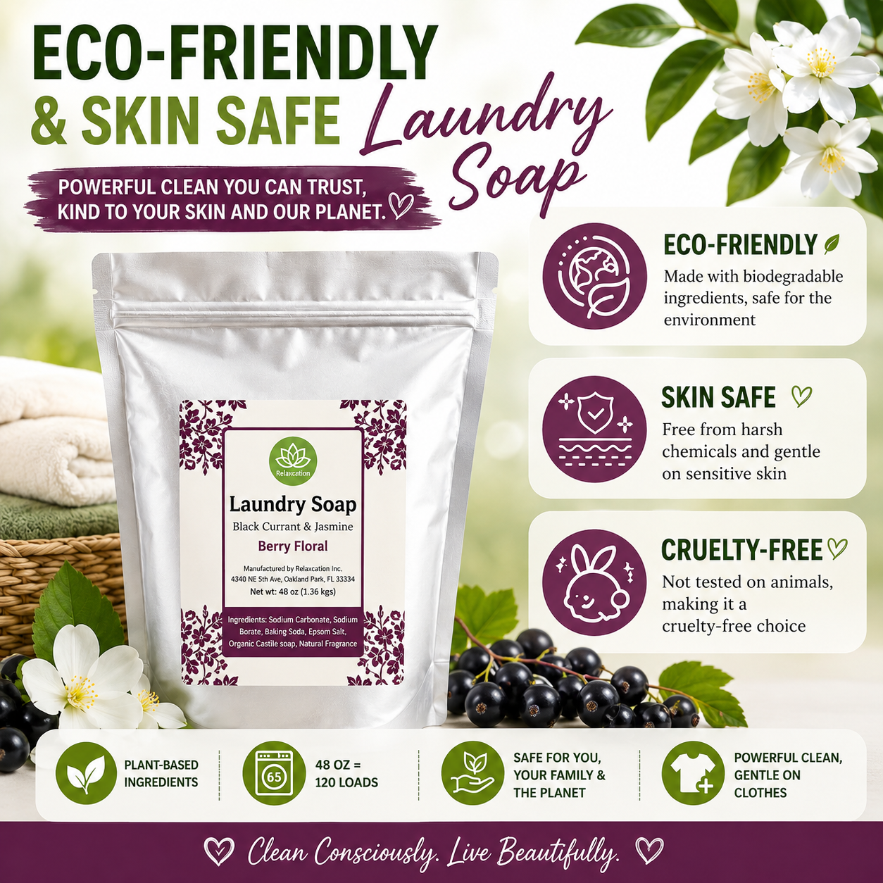 Natural Laundry Soap Detergent For Sensitive Skin "Black Currant and Jasmine"- 3 lbs