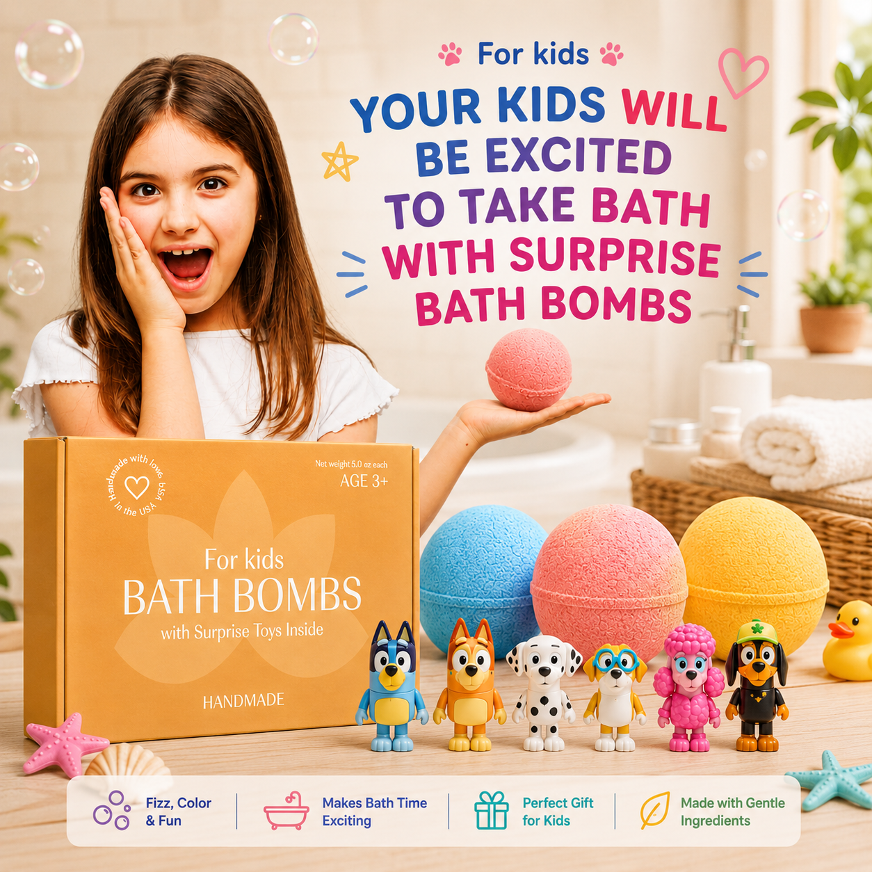 Bath Bombs for Kids with Bluey Toys Inside