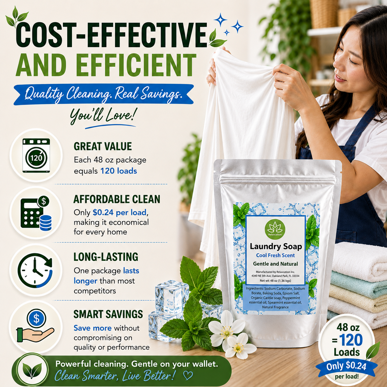 Natural Laundry Soap Detergent For Sensitive Skin "Cool Fresh"- 3 lbs