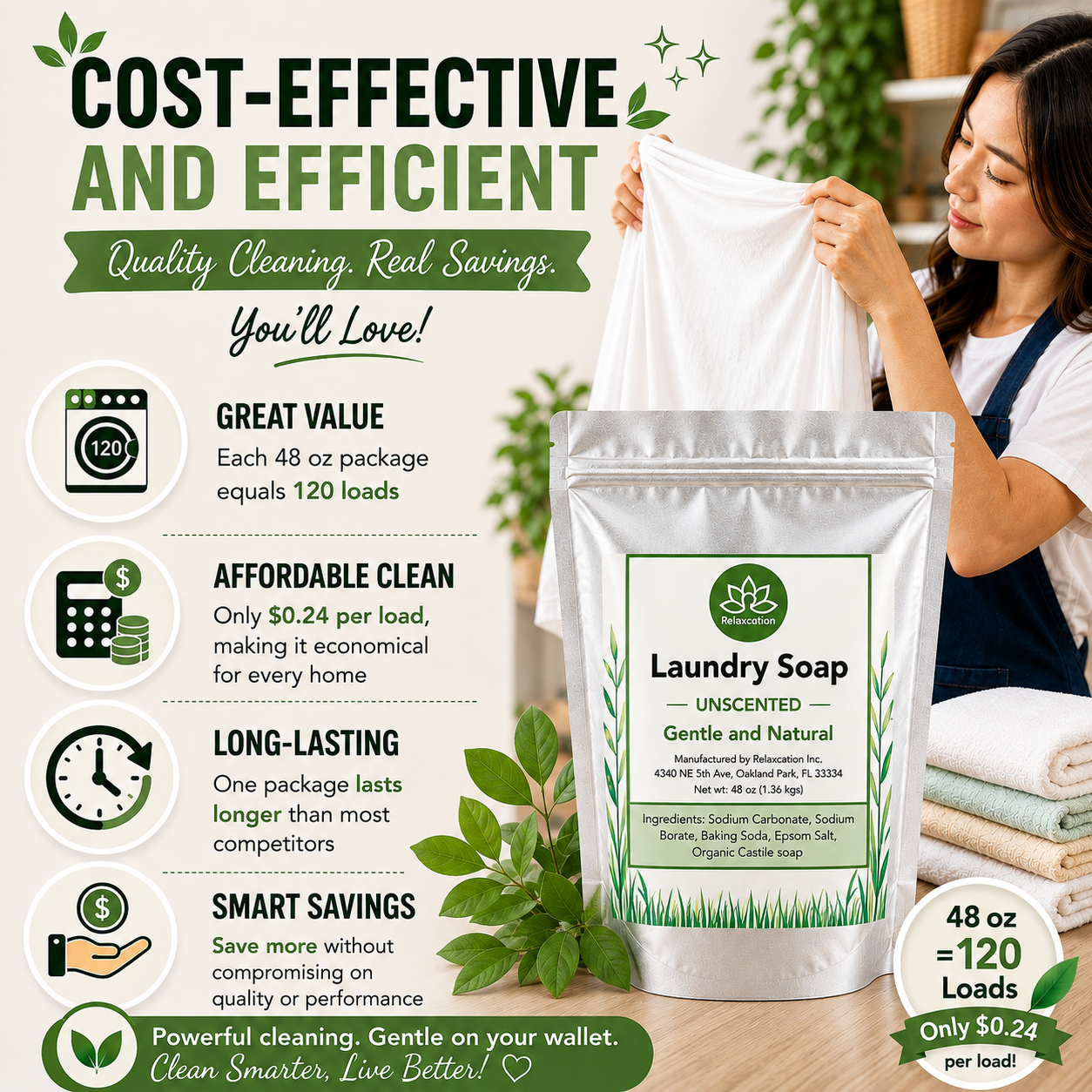 Natural Laundry Soap Detergent For Sensitive Skin "Unscented"- 3 lbs