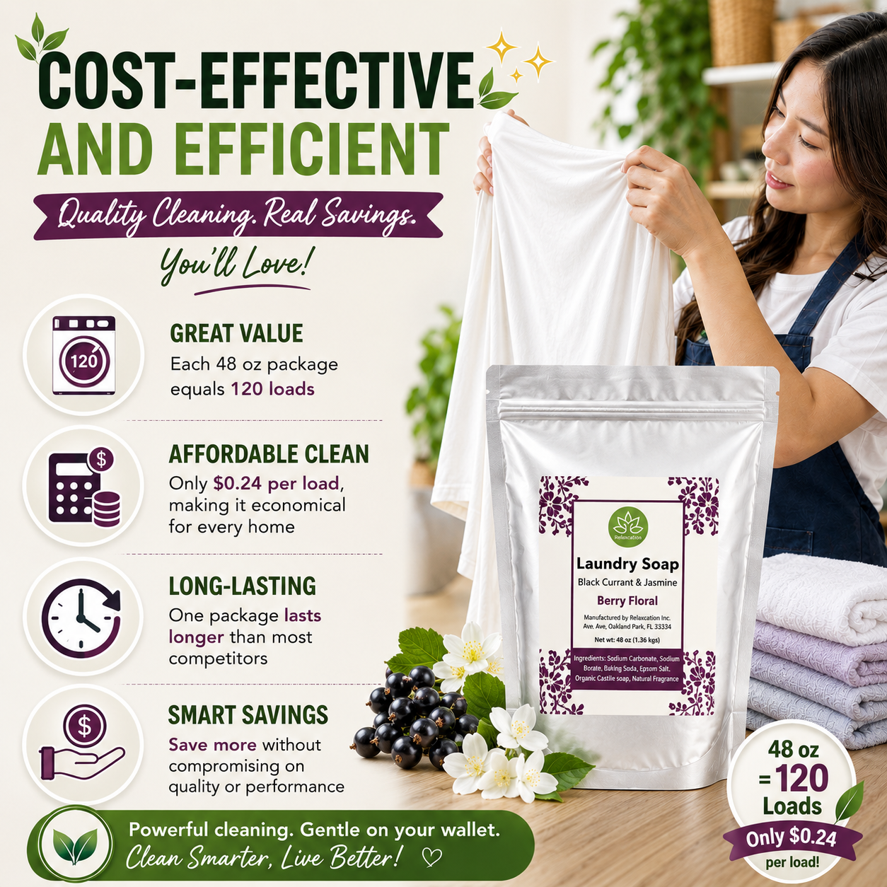Natural Laundry Soap Detergent For Sensitive Skin "Black Currant and Jasmine"- 3 lbs