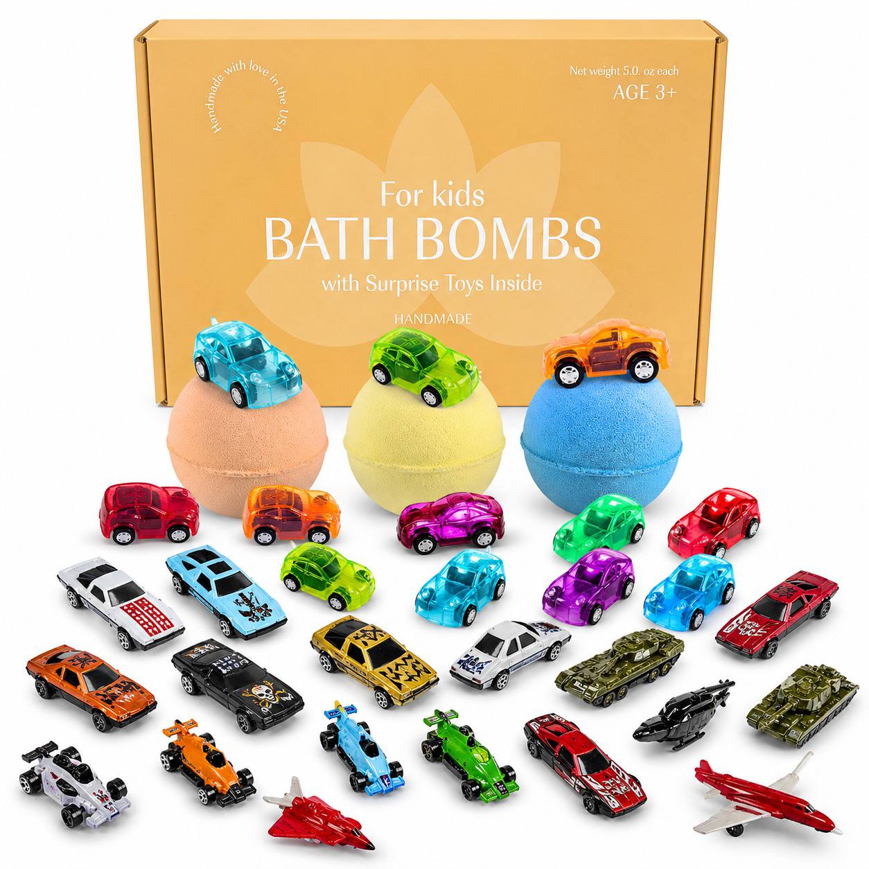 3 Big Bath Bombs for Kids with Cars Toys Inside