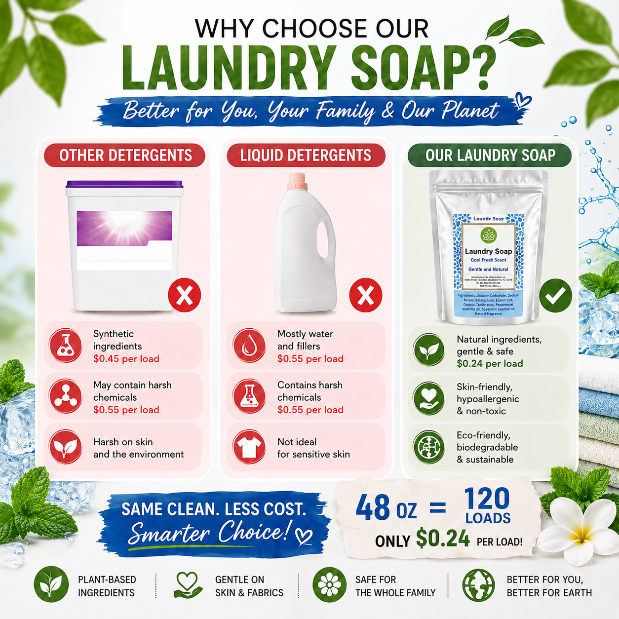 Natural Laundry Soap Detergent For Sensitive Skin "Cool Fresh"- 3 lbs