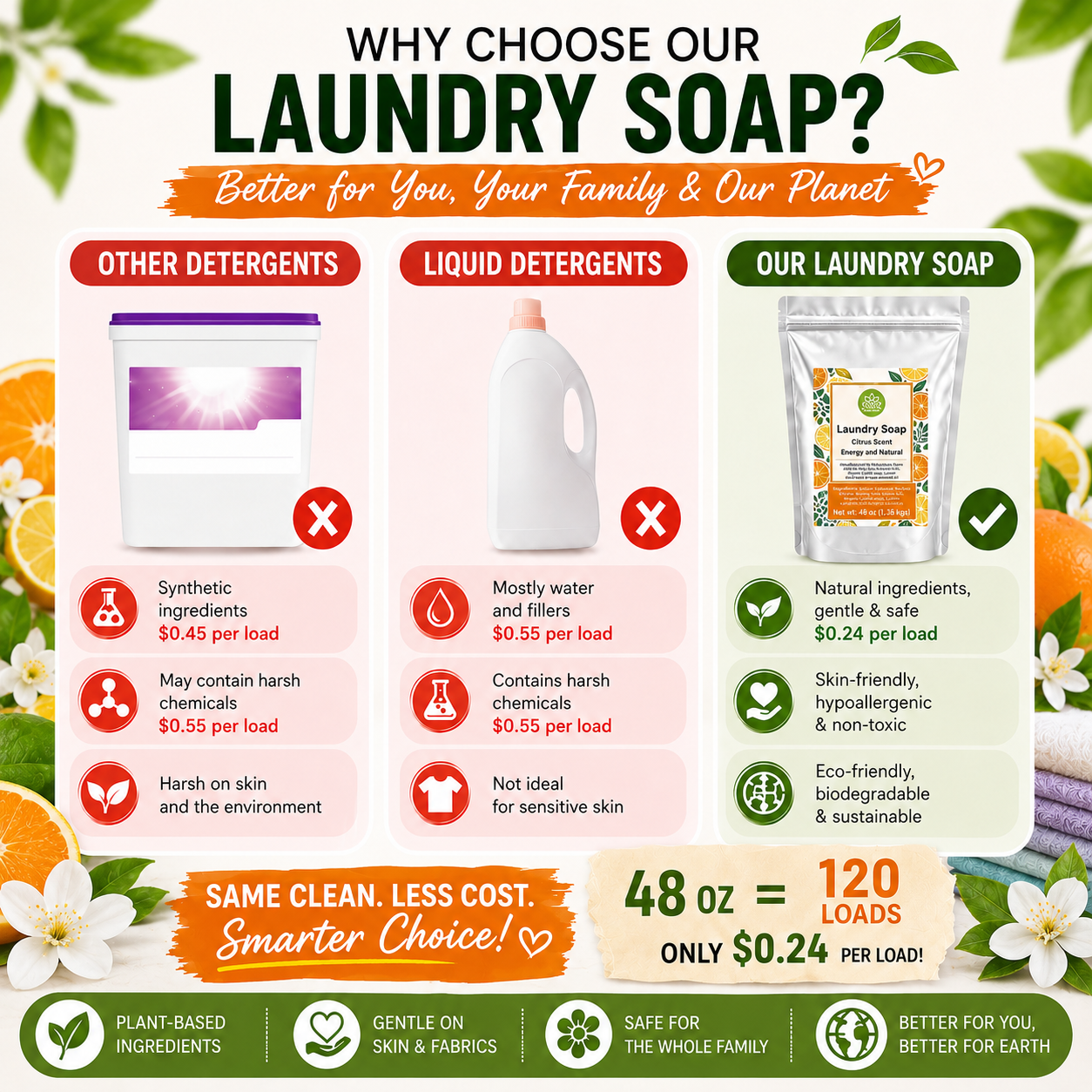 Natural Laundry Soap Detergent For Sensitive Skin "Citrus"- 3 lbs