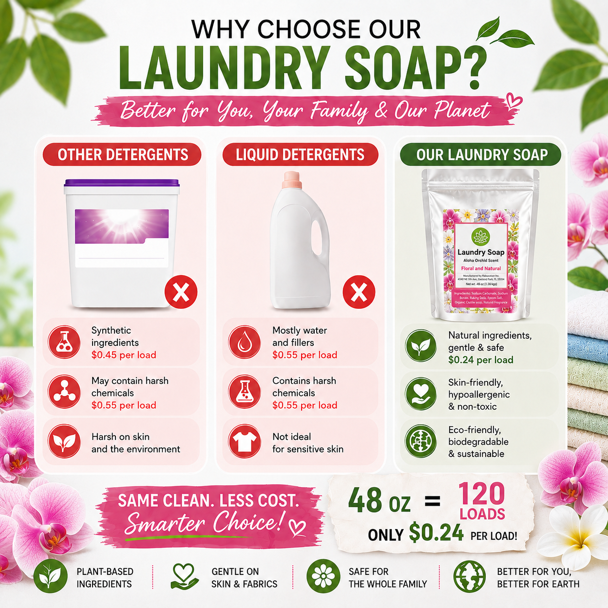 Natural Laundry Soap Detergent For Sensitive Skin "Aloha Orchid"- 3 lbs