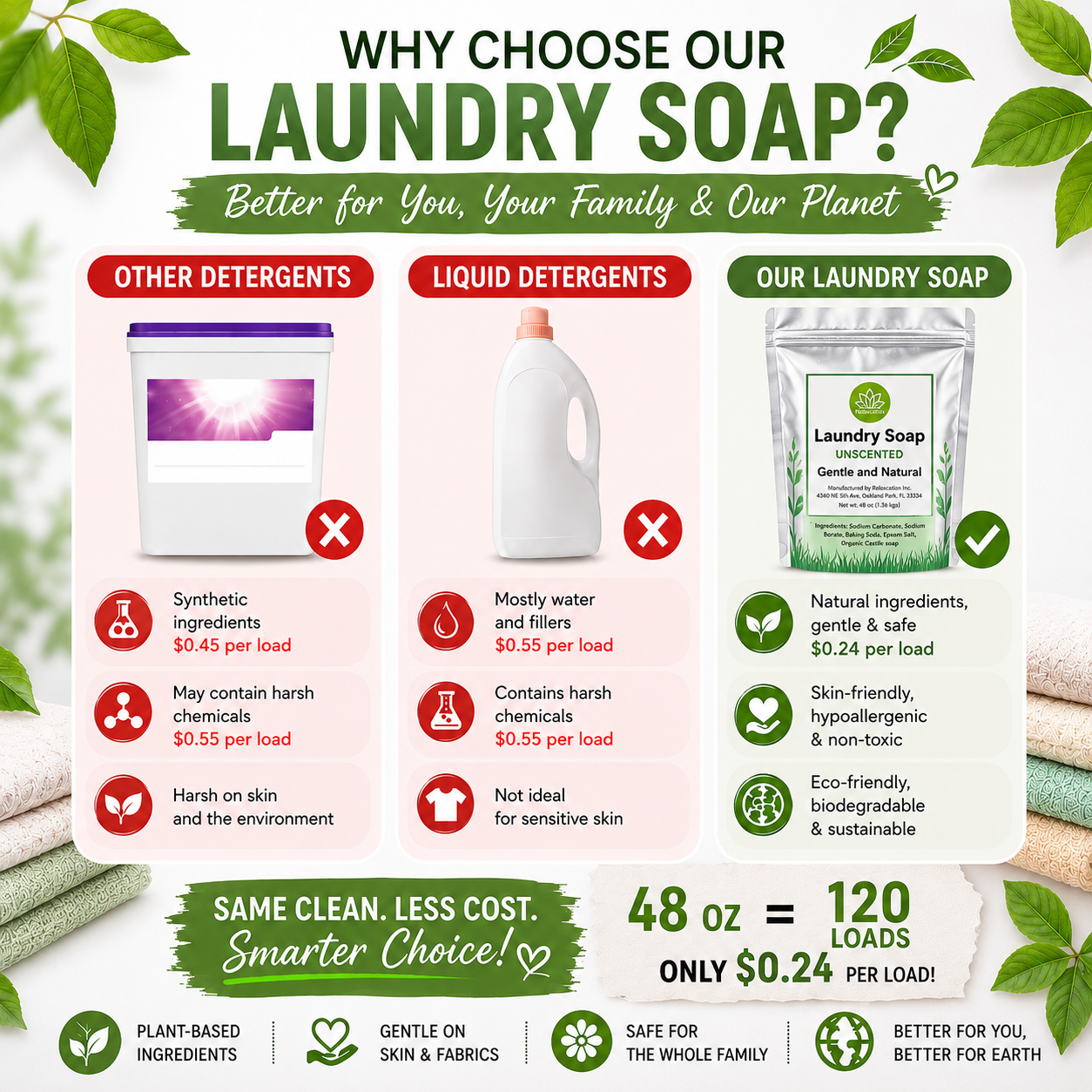 Natural Laundry Soap Detergent For Sensitive Skin "Unscented"- 3 lbs
