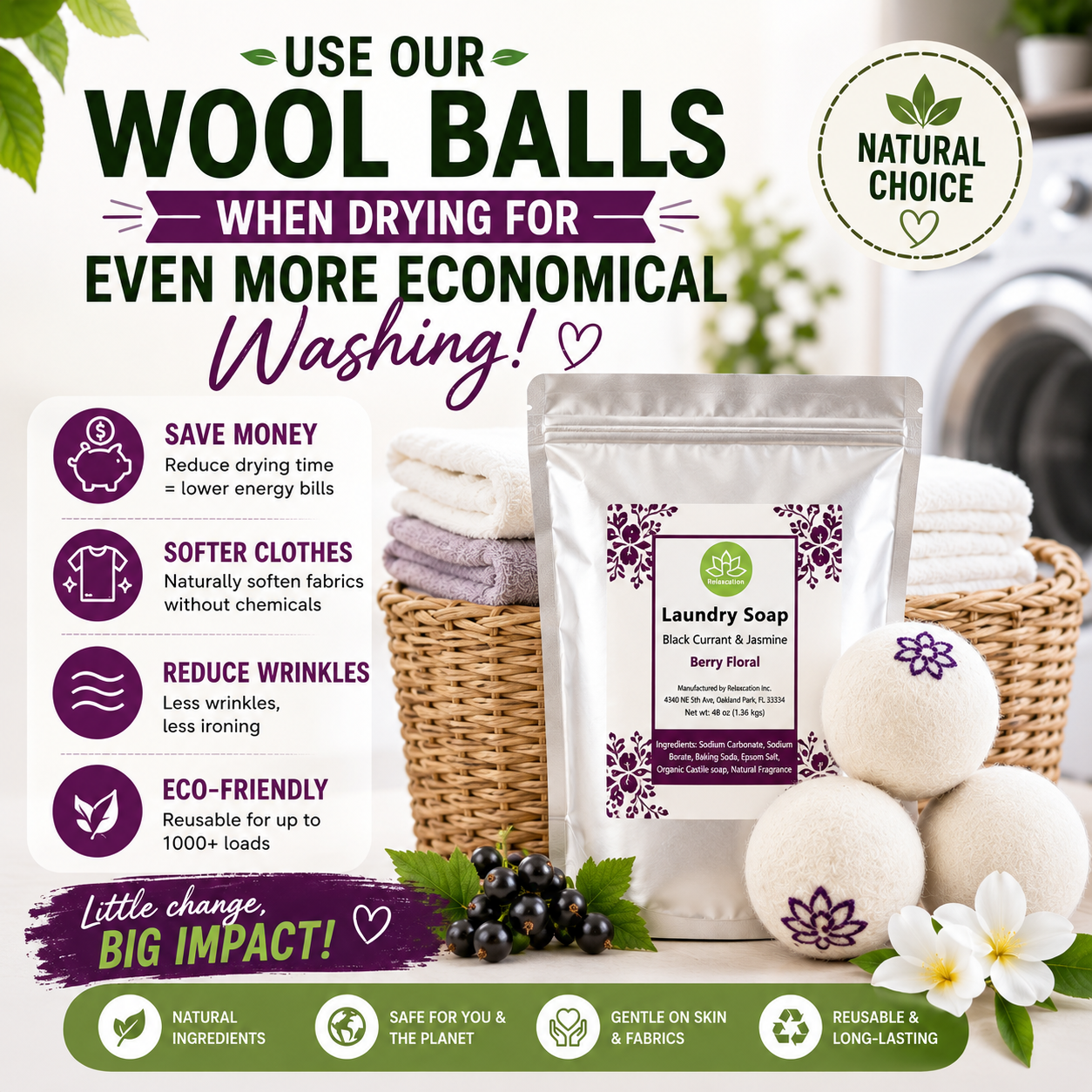 Natural Laundry Soap Detergent For Sensitive Skin "Black Currant and Jasmine"- 3 lbs