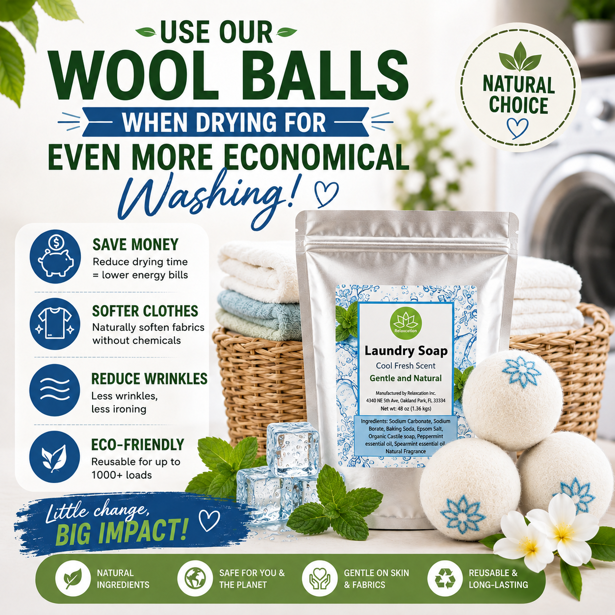 Natural Laundry Soap Detergent For Sensitive Skin "Cool Fresh"- 3 lbs