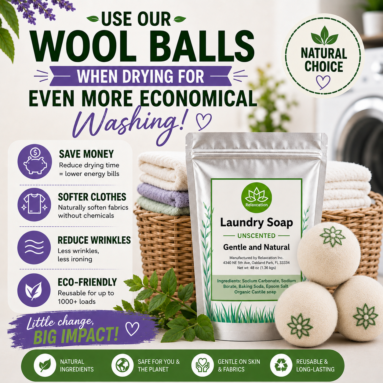 Natural Laundry Soap Detergent For Sensitive Skin "Unscented"- 3 lbs