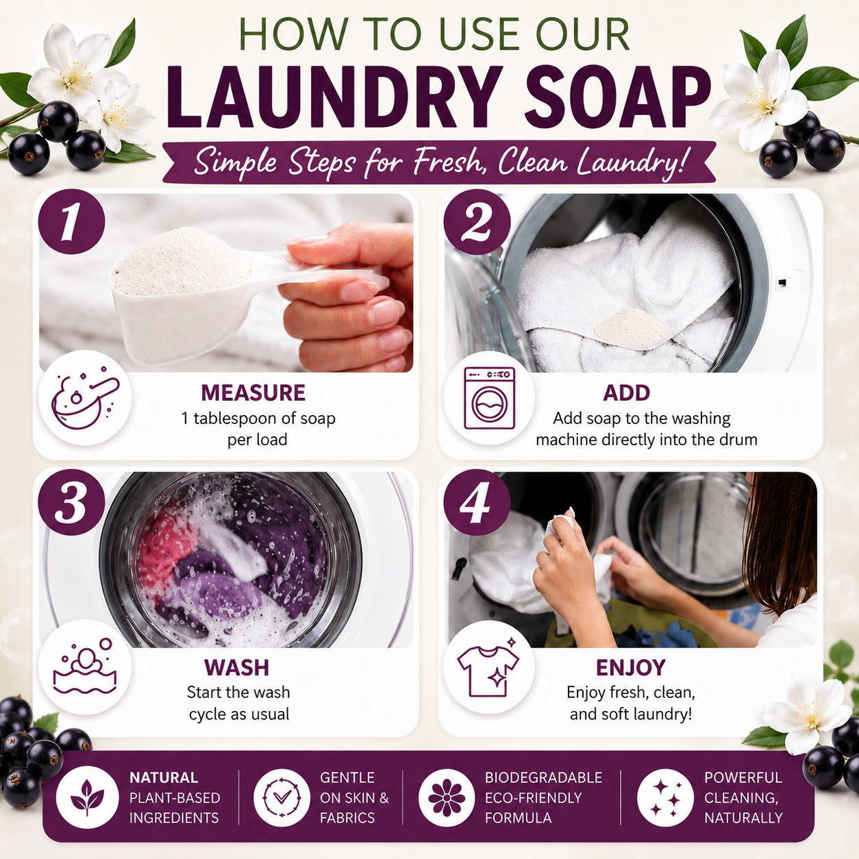 Natural Laundry Soap Detergent For Sensitive Skin "Black Currant and Jasmine"- 3 lbs
