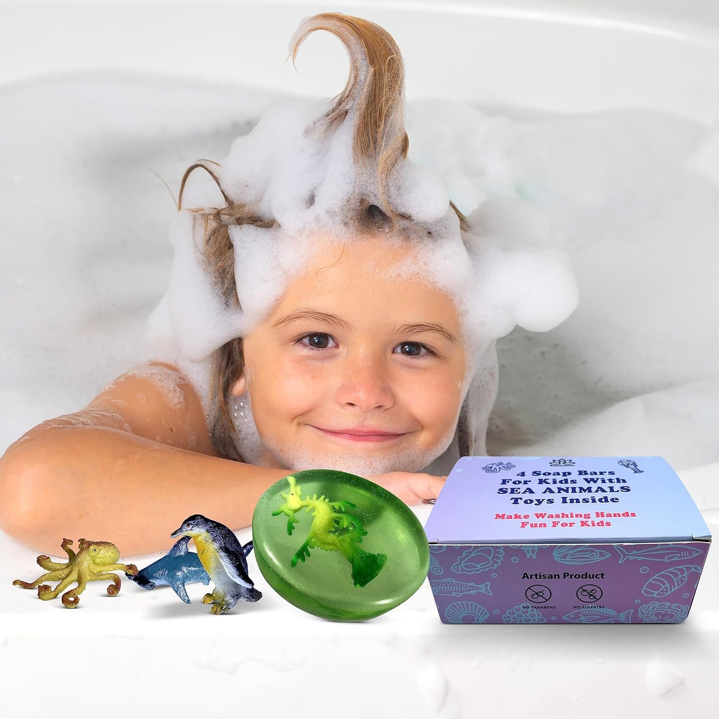 4 Kids Soap Bars with Sea Animals Toys Inside