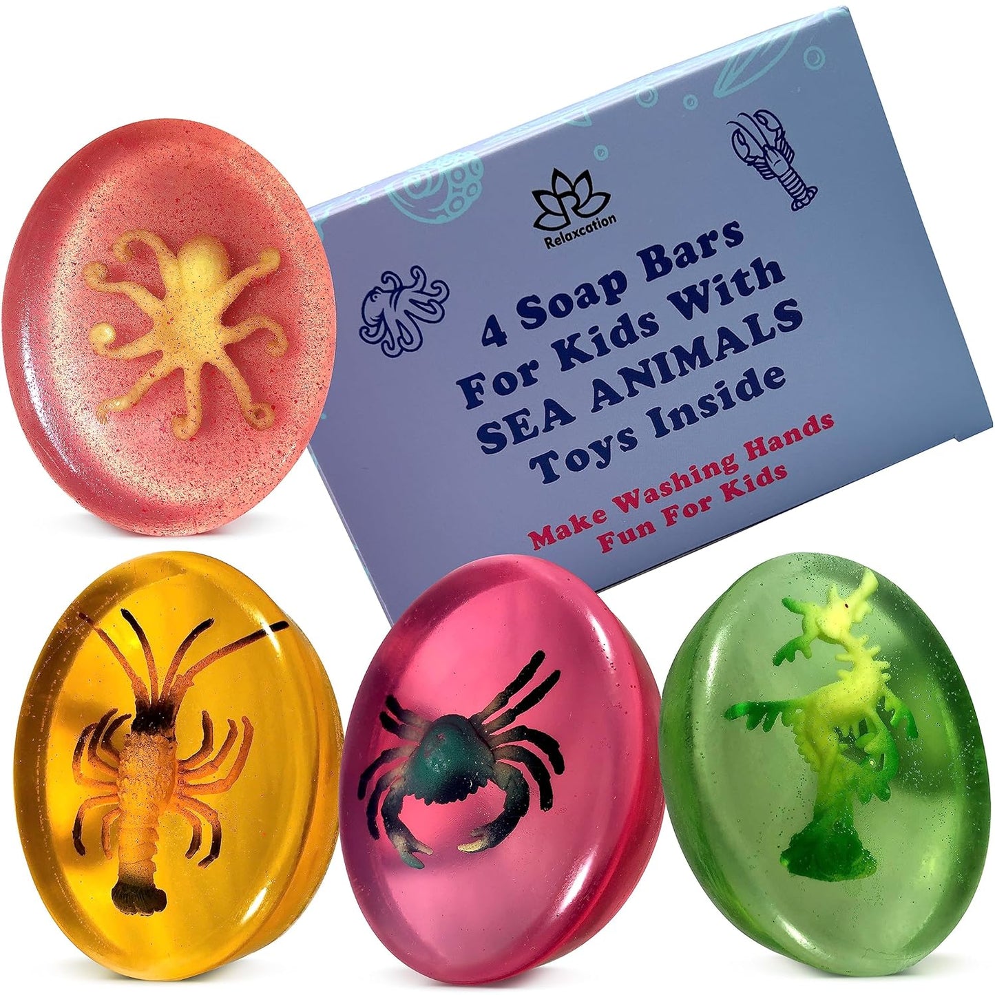 4 Kids Soap Bars with Sea Animals Toys Inside