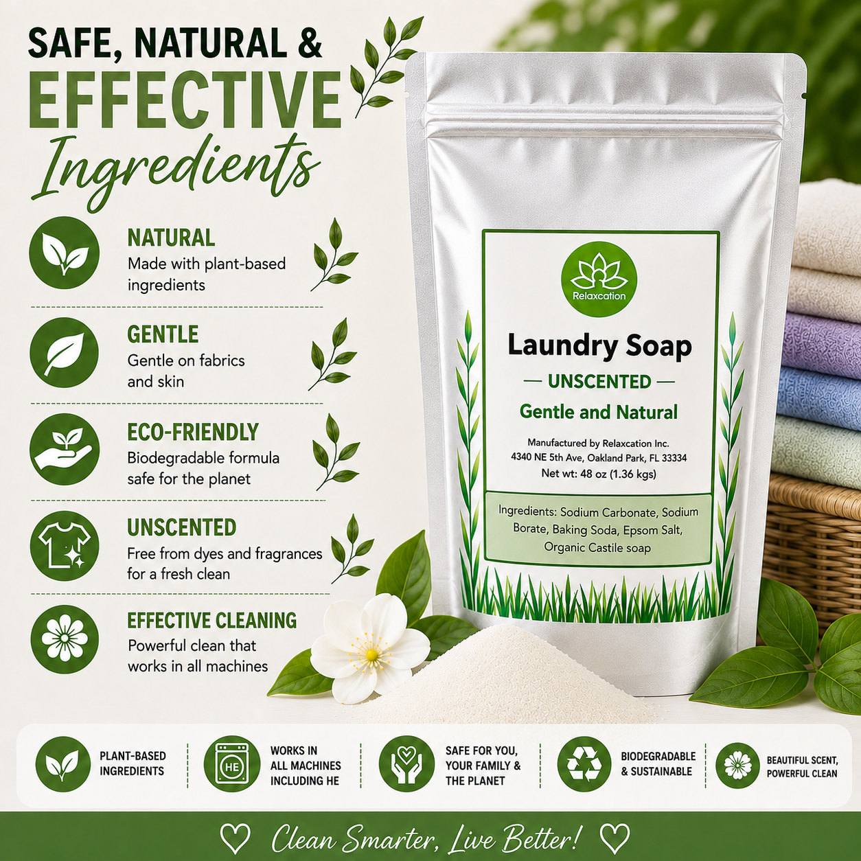 Natural Laundry Soap Detergent For Sensitive Skin "Unscented"- 3 lbs