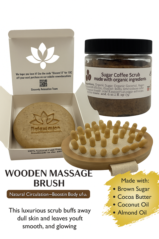 Coffee Gift Set - Coffee Scrub 4 oz, Natural Coffee Soap + Wooden Body Massager Brush