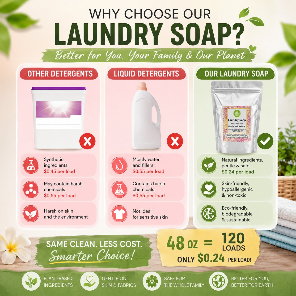 Natural Laundry Soap Detergent For Sensitive Skin - 3 lbs