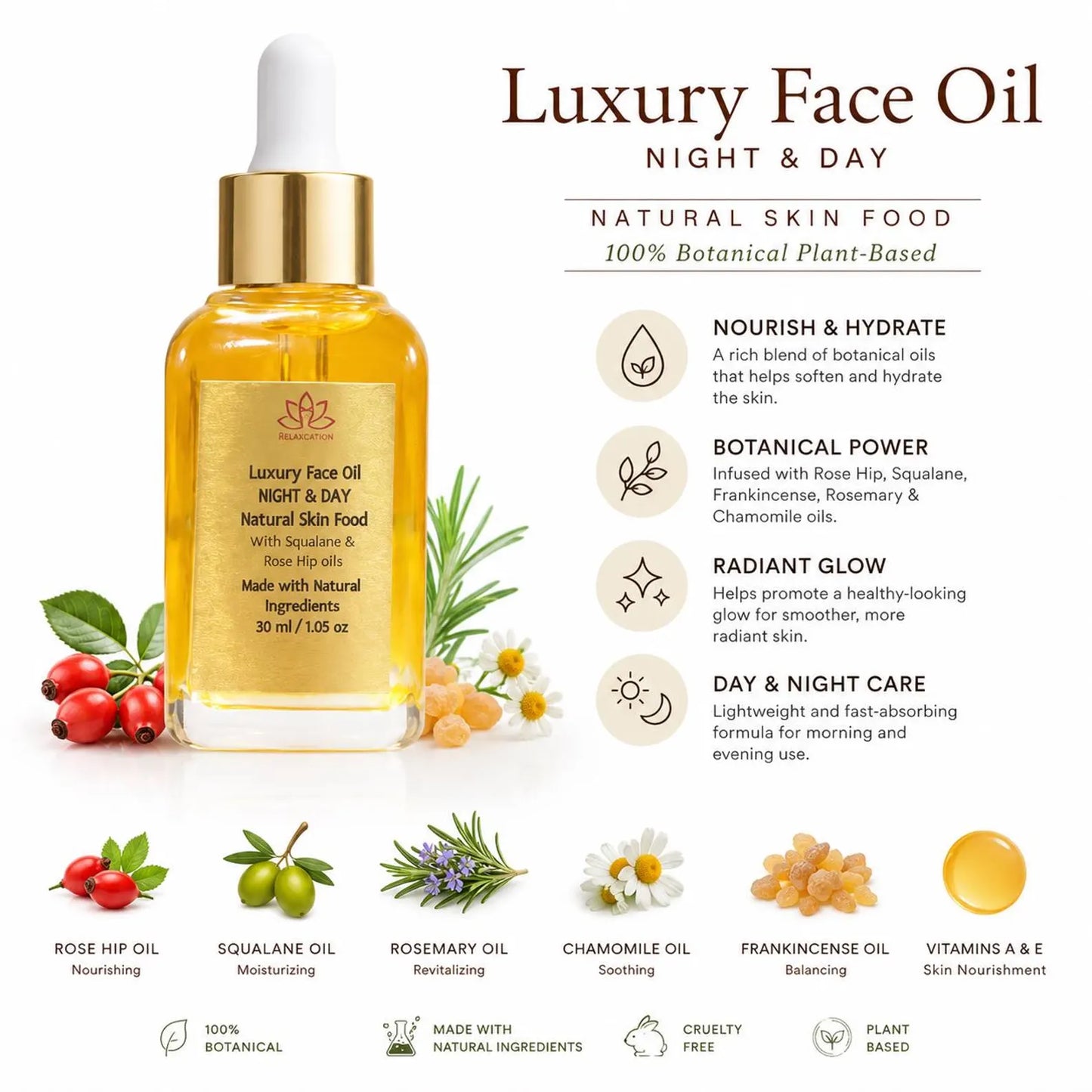 Luxury Face Oil Day & Night 1 fl oz | Botanical Facial Oil for Dry Mature Skin | Natural Plant Based Skin Care Serum