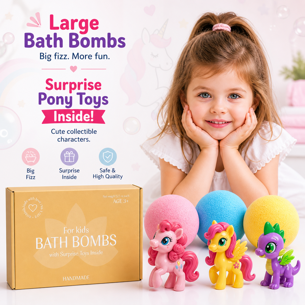 3 Big Bath Bombs for Kids with PONY Toys Inside