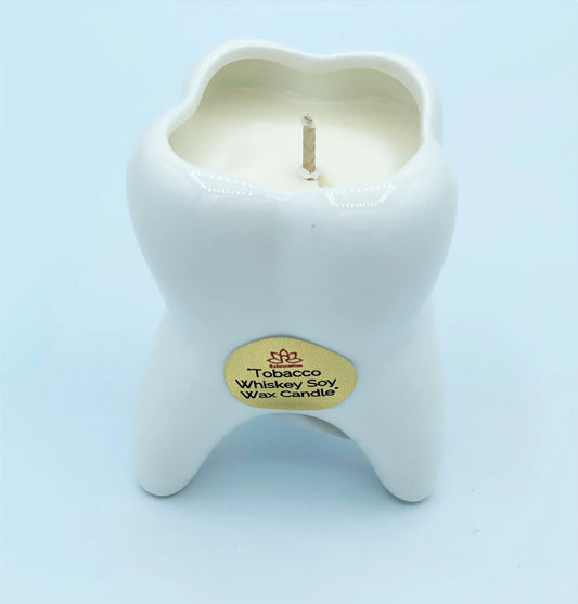 Tobacco Whiskey MINI MOLAR TOOTH Candle in Ceramic Vase