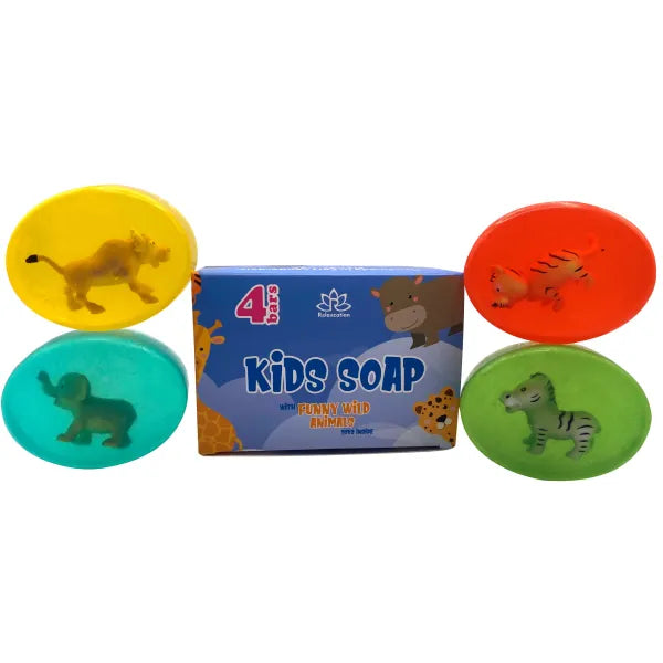 4 Kids Soap Bars with WILD ANIMALS Toys Inside