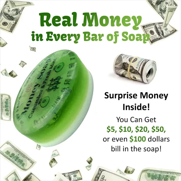 Money Soap Bar with Real Cash Inside Up to $100 Bill - Cucumber and Fresh Mint