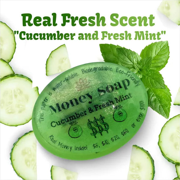 Money Soap Bar with Real Cash Inside Up to $100 Bill - Cucumber and Fresh Mint